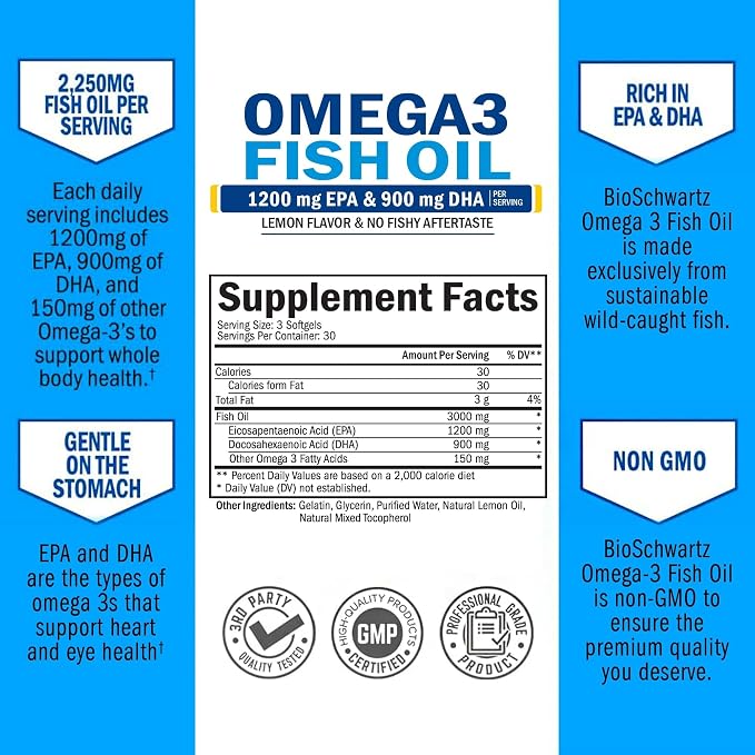 Triple Strength Omega 3 Fish Oil 3000mg - High Potency Omega 3 Supplement for Women and Men, Burpless Lemon Flavor Fish Oil - 2250mg Essential Fatty Acids with DHA & EPA, Wild Caught, 90 Softgels