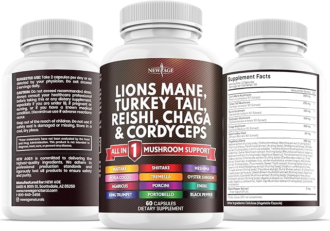 NEW AGE Lions Mane Mushroom Supplement with Turkey Tail Reishi Cordyceps Chaga with Marshmallow Root