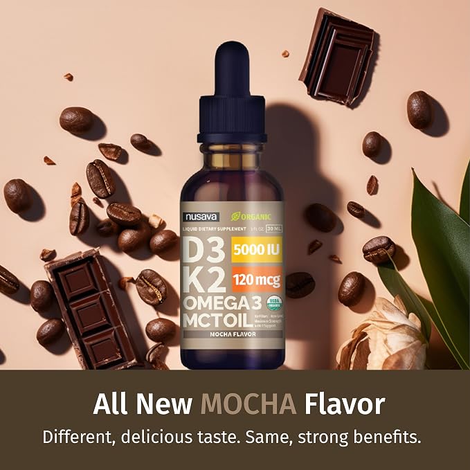 NUSAVA (2 Pack) Organic Vitamin D3 K2 Drops with MCT Oil Omega 3, 5000 IU, Maximum Strength Vitamin D Liquid, No Fillers, Non-GMO Liquid D3 for Faster Absorption and Immune Support (Mocha, 2 Fl Oz)