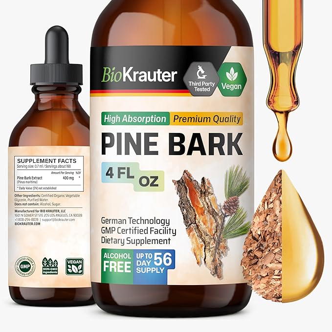 BIO KRAUTER® Pine Bark Extract for Circulatory & Antioxidant Support - Vegan French Maritime Pine Bark Herbal Supplements - Natural Antioxidants & Skin Support - 400 mg per Serving, 4 Fl. Oz.