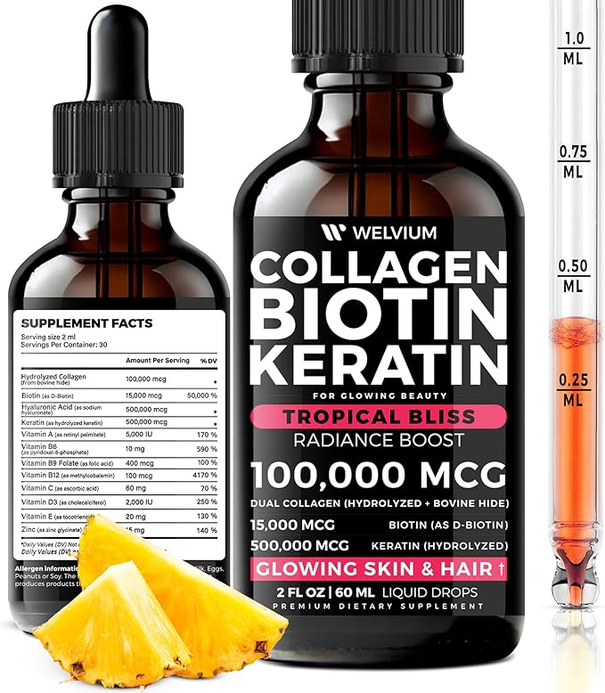 Liquid Biotin and Collagen Peptide Complex with Keratin, Hyaluronic Acid, MCT Oil, Zinc, Vitamins B6, B7, B12, A, C, D3, E - Hair, Skin, and Stronger Nails Supplement - 2 Pack