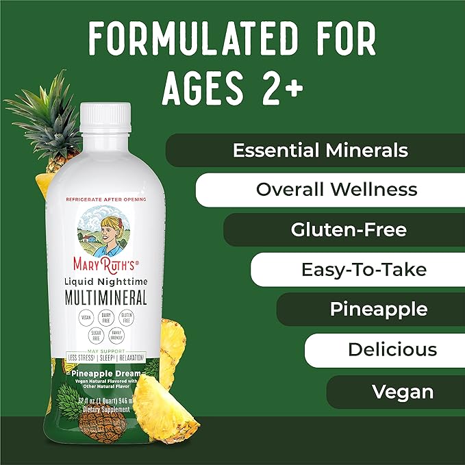 MaryRuth's Liquid Nighttime Multimineral | No Melatonin | Bedtime Routine | Magnesium Citrate | Calcium | Zinc | Vitamin D3| Available in 4 Flavor - Vegan | Sugar Free | Gluten Free | 32 Oz