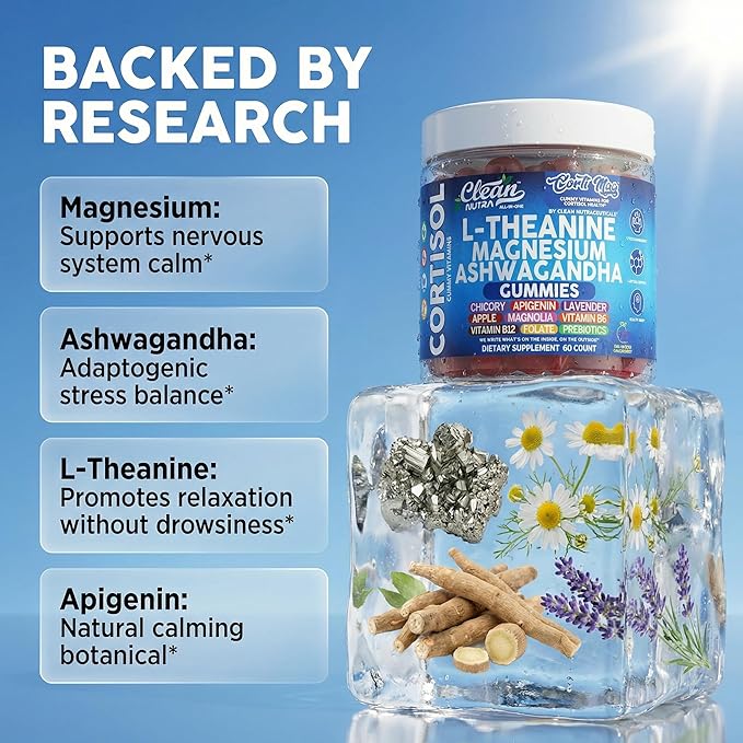 Clean Nutra Cortisol Supplement Gummies L-Theanine Magnesium Ashwagandha Apigenin Vitamin B6 Sleep and Calm Support Lavender Chicory Prebiotic Advanced Gummy Formula