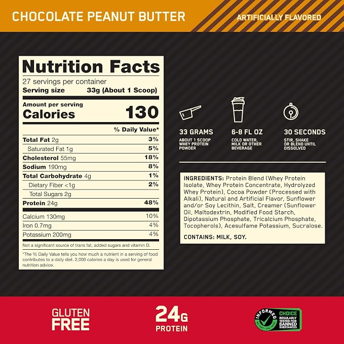 Optimum Nutrition Gold Standard 100% Whey Protein Powder, Chocolate Peanut Butter, 2 Pound (Packaging May Vary)