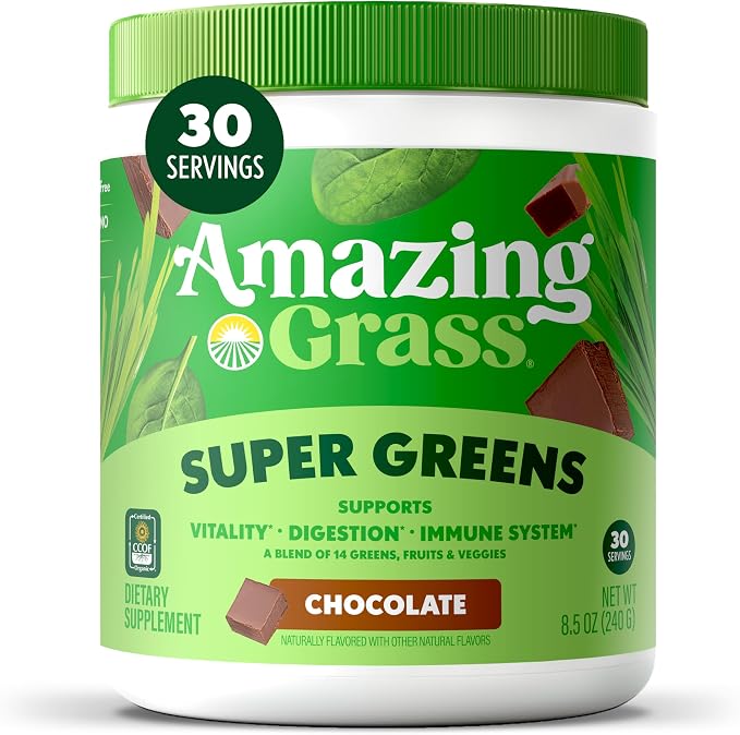 Amazing Grass Greens Blend Superfood: Super Greens Powder Smoothie Mix with Organic Spirulina, Chlorella, Beet Root Powder, Digestive Enzymes & Probiotics, Chocolate, 30 Servings (Packaging May Vary)