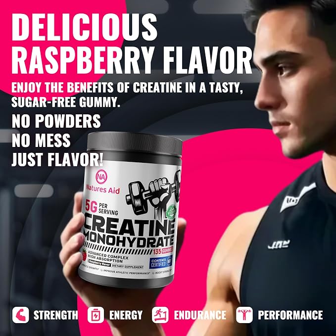 Natures Aid NSF Certified Creatine Gummy 5g - Creatine Monohydrate Gummies – Pre-Workout Energy & Muscle Growth Support for Men & Women | Raspberry Electrolyte Gummies (135 Count)