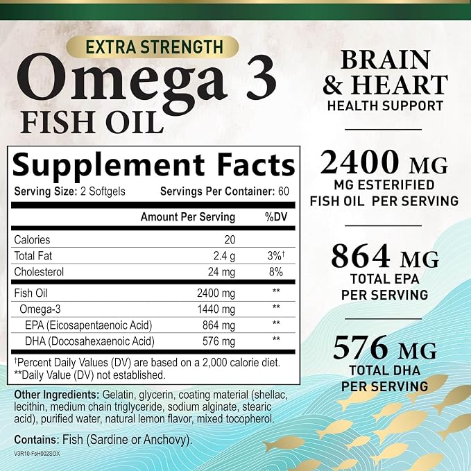 Omega 3 Fish Oil Supplements - 2400mg Fish Oil Per Serving - Triple Strength Omega-3 with EPA & DHA Fatty Acids - Natural Heart, Brain & Immune Support - Wild Caught, Bottled in USA - 120 Softgels