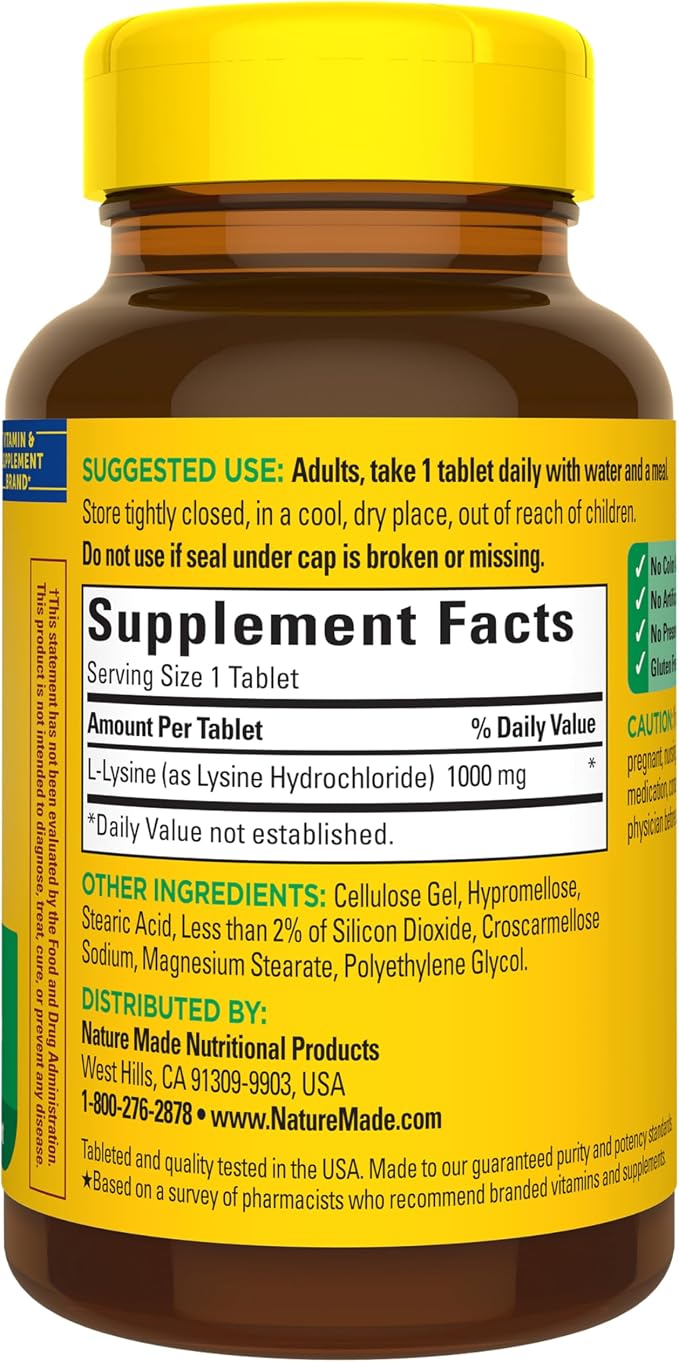 Nature Made L-Lysine 1000 mg, Dietary L-Lysine Supplements, 60 Tablets, 60 Day Supply