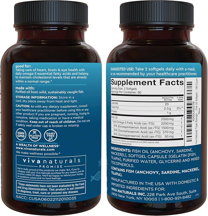 Viva Naturals 1250 mg Antarctic Krill Oil and 2,500 mg Triple-Strength Omega-3 Fish Oil Bundle, Providing Omega-3 EPA and DHA