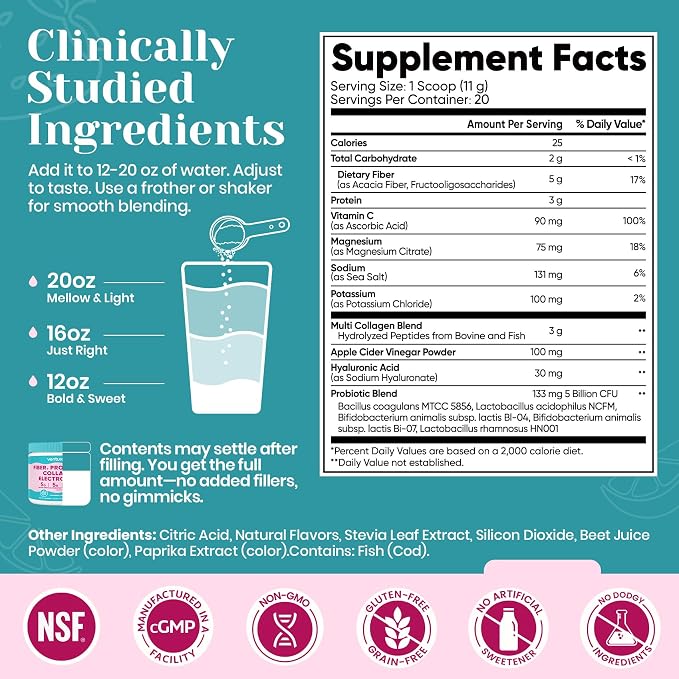 6-in-1 Daily Fiber Powder Supplement, Premium Acacia Fiber for Digestive & Gut Health, Sugar Free, GLP-1 Friendly Fiber Powder with Prebiotic, Probiotics, Collagen Peptides & Electrolytes - For Women