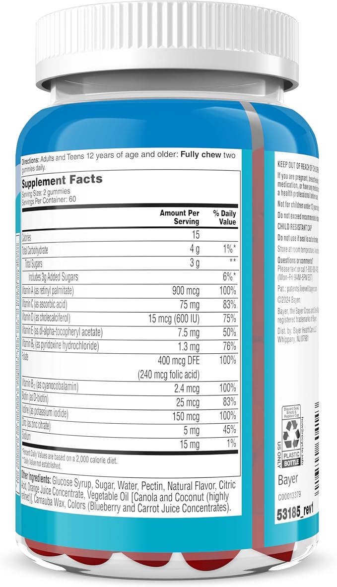 ONE A DAY Teen Boy’s Daily Essentials Multivitamin Gummies,Teen Boy Vitamins with Vitamin C,Vitamin D,Bone Health,Immune Health,Raspberry Natural Flavor,120 Gummies,(Pack of 2)
