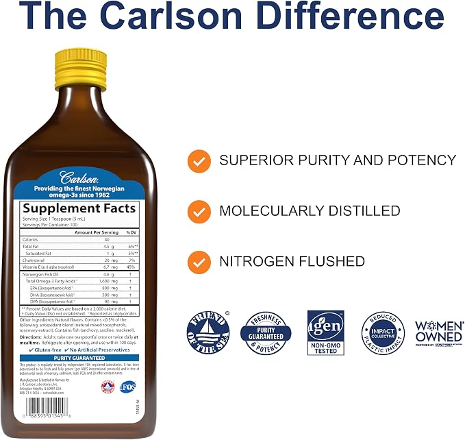 Carlson - The Very Finest Fish Oil, 1600 mg Omega-3s, Liquid Supplement, Norwegian, Wild-Caught, Sustainably Sourced , Lemon, 16.9 Fl Oz