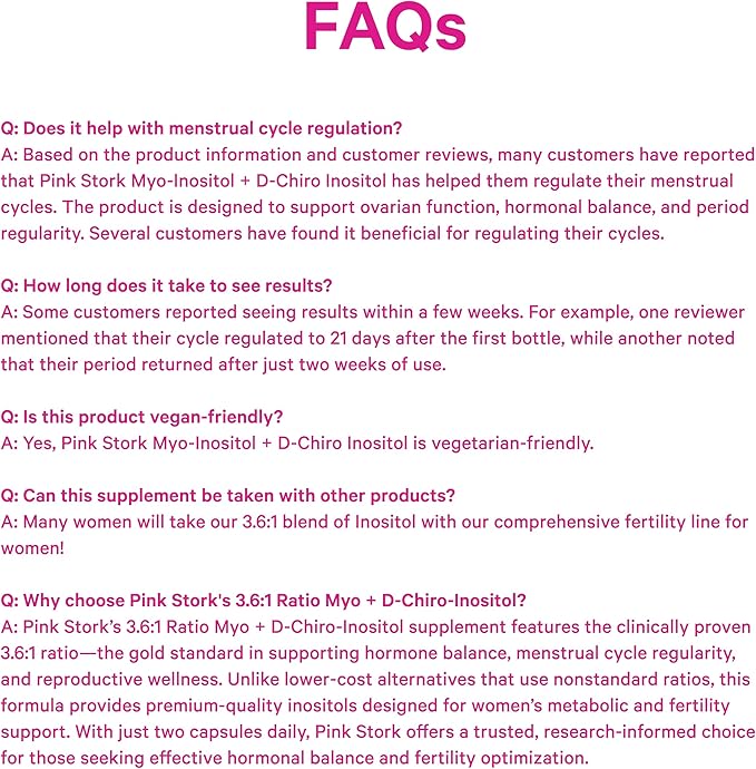 Pink Stork Myo-Inositol & D-Chiro Inositol: 3.6:1 Blend to Support Fertility, Hormone Balance for Women - Ovarian Function, Ovulation, Conception, and Period Support Supplement - 60 Capsules