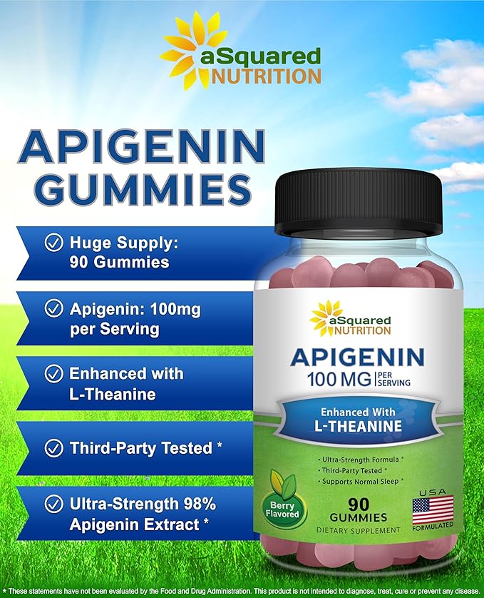 aSquared Nutrition Apigenin 100mg with L-Theanine 100mg Gummies - Apigenin Supplement for Sleep - Natural Extract Gummy Alternative to Capsules, Pills, Powder & Tea - 2 Per Serving