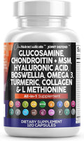 Clean Nutraceuticals Glucosamine 1500mg Chondroitin 1200mg MSM with Turmeric Curcumin, Collagen, Hyaluronic Acid, Omega 3 – Joint Health Supplement for Men & Women – Joint Complex – 120 Count
