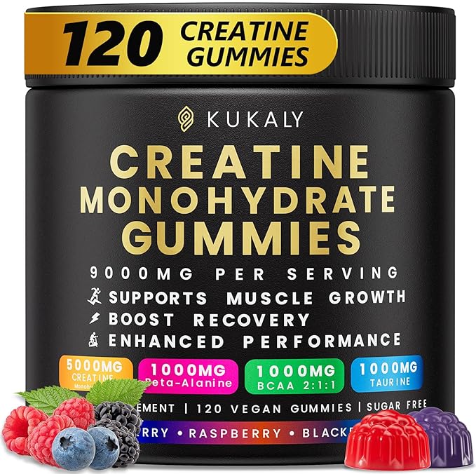 KUKALY Creatine Monohydrate Gummies for Men & Women, 9000MG Creatine Gummies Sugar Free - Mixed Flavored with L-Taurine, BCAA 2:1, B12 B6 for Boost Strength, Focus & Endurance, Vegan, Non-GMO, 120pcs