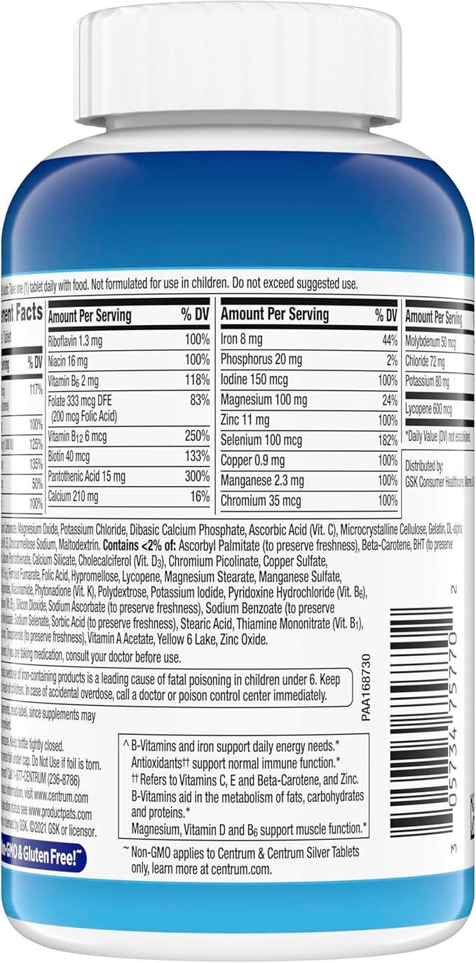 Centrum Multivitamin for Men, Multivitamin/Multimineral Supplement with Vitamin D3, B Vitamins and Antioxidants, Gluten Free, Non-GMO Ingredients -Tablet 200 Count
