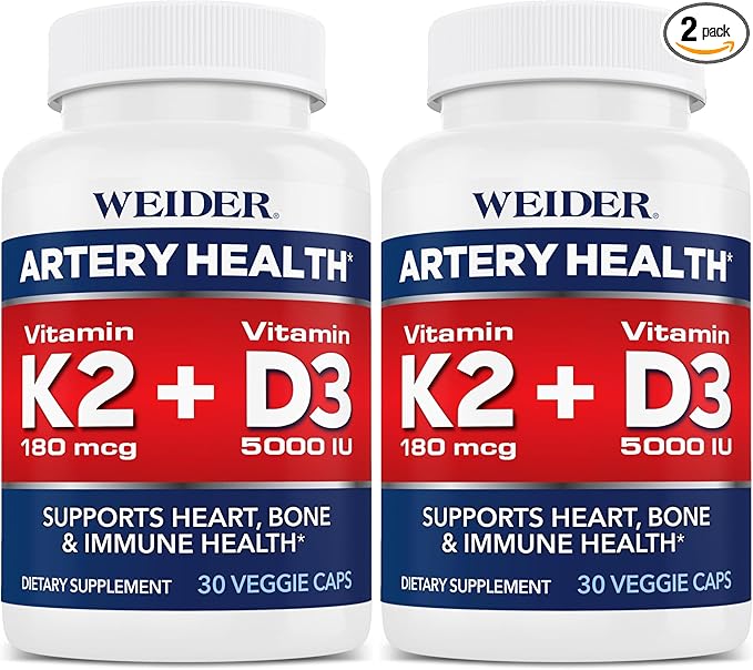 Weider Artery Health - Artery Flexibility & Heart Health - with Vitamin K2, D3 & Ginger - Bone & Immune Support* - Gluten Free & Vegan - 30 Veggie Capsules (Pack of 2)