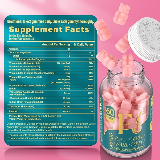 Biotin Gummies -Hair Skin and Nails Vitamins for Men & Women, Vegan Vitamin B7, Supports Hair Growth and Stronger Nails,60 Day Supply-Raspberry-2 Pack