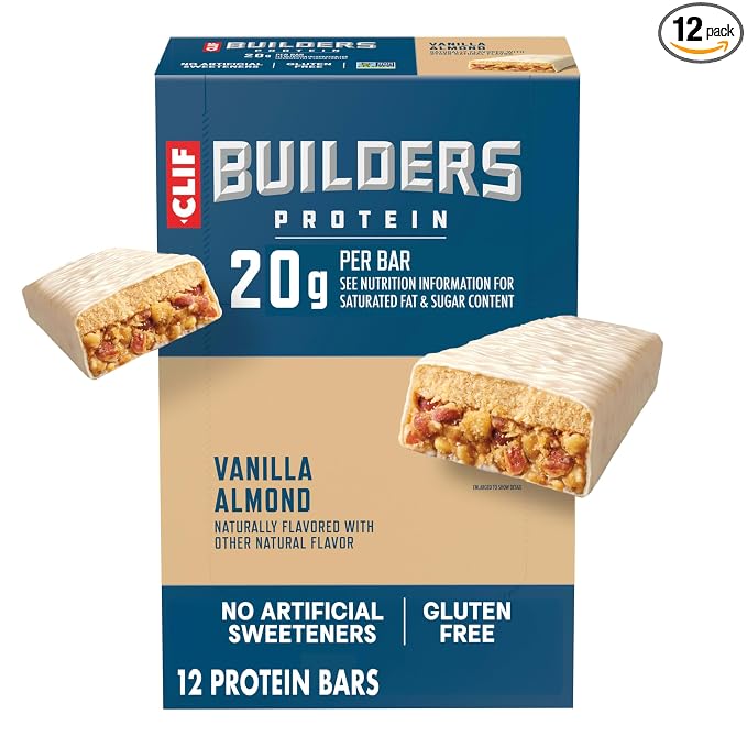 CLIF BUILDERS Protein Bars - Vanilla Almond Flavor - 20g Plant Based Protein - Gluten Free - Non-GMO - Low Glycemic - No Artificial Sweeteners - 2.4 oz. (Pack of 144)