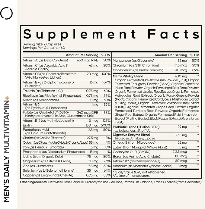 Codeage Men’s Daily Multivitamin – 25+ Essential Vitamins & Minerals, Organic Whole Foods, Probiotics, Omega-3, Zinc, Vitamins A, B, C, D, E & K, 2 Pack