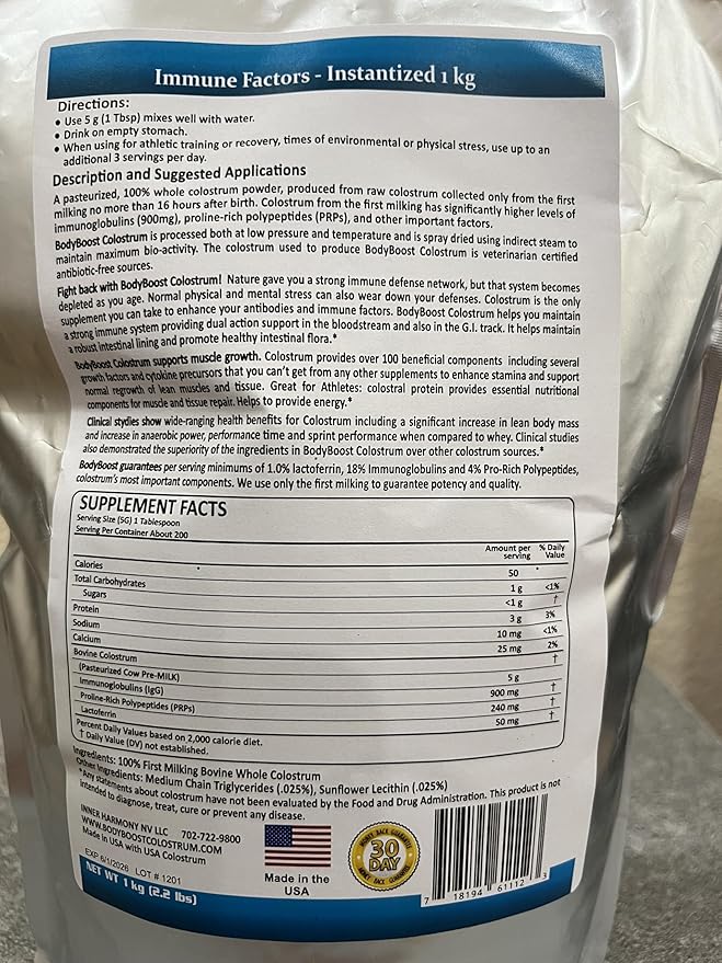 BodyBoost Colostrum Instantized, 99.5% Bovine Colostrum Powder, Immune Booster Supplement with Immunoglobulin & Lactoferrin, Super Food for Gut Health, Diverse Intake,1kg