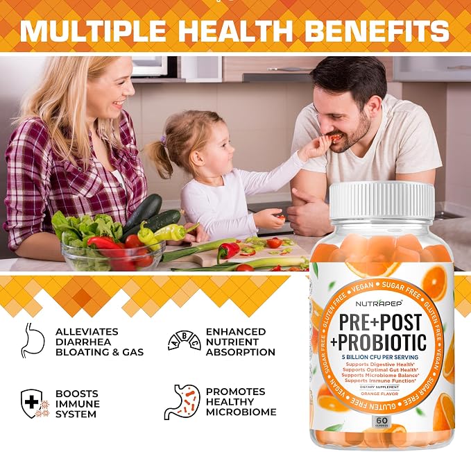 NutraPep Prebiotic Probiotic & Postbiotic Gummies for Women Men & Kids Children - High Potency 5 Billion CFU - Sugar-Free & Gluten Free