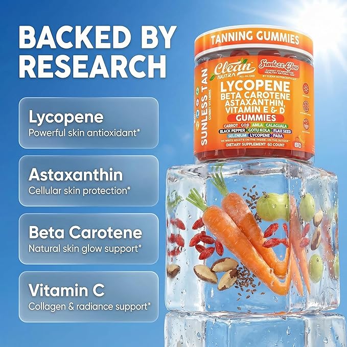 Sunless Glow Lycopene Beta Carotene Tanning Gummies Astaxanthin Vitamin C D E Flax Seed Selenium Amla l Tyrosine PABA Black Pepper 60 Count Strawberry Banana Flavor By Clean Nutra