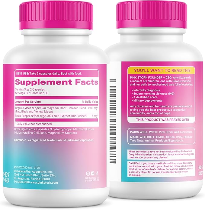 Pink Stork Maca Root Capsules for Women – Organic Maca with BioPerine® for Hormonal Balance, Energy + Wellness – Supports Perimenopause, Menstrual Health, and Vitality