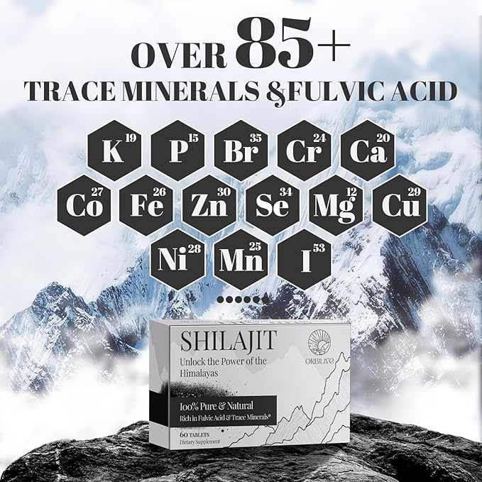 Shilajit Tablets 1000 MG, 100% Himalayan Organic, Shilajit Supplement Rich in Fulvic Acid & 85+ Trace Minerals for Men and Women, Energy & Immune System, 60 Count