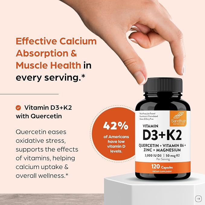 Sandhu's Vitamin D3 K2 Magnesium 2000 IU, 50mcg K2 Capsules 120 Count (Pack of 1) | with VIT B6, Zinc & Quercetin | D3K2 Supports Superior Absorption, Energy, Immune, Muscle Health for Men & Women