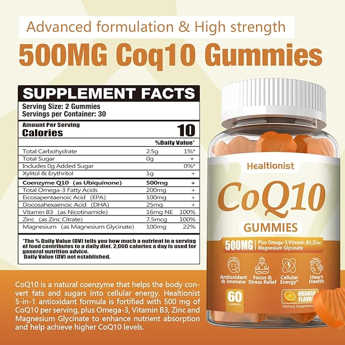 1 Pack 500MG Coq10 Gummies - 3X Better Absorption, Plus Omega-3, Magnesium, Vitamin B3 & Zinc - Coenzyme Q10 Supplements for Heart Health, Cellular Energy & Antioxidant, Vegan, 60 Counts