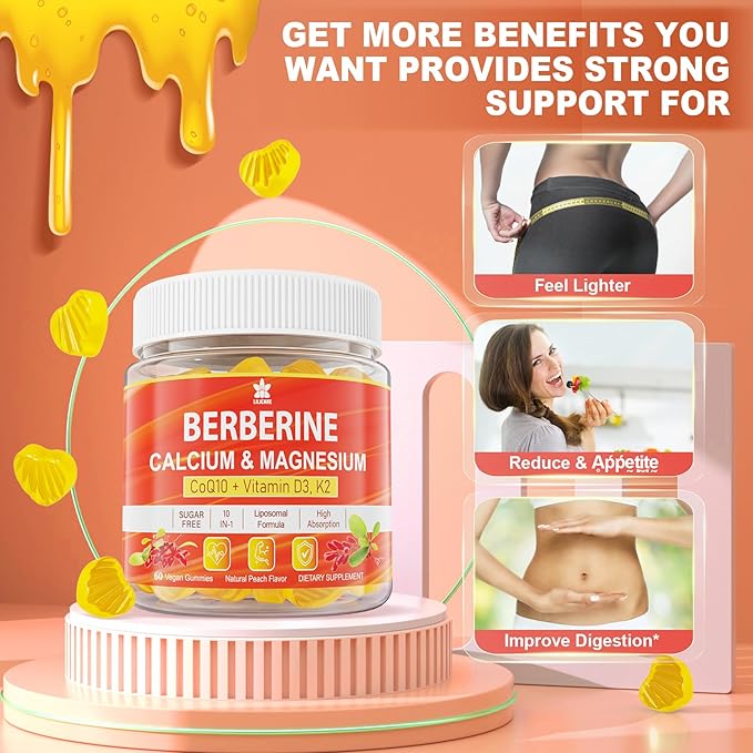 Berberine Gummies Sugar Free, Extra Absorption with Liposomal Berberine & Berberine HCI, Calcium, Magnesium, AMPK Activitor for Sugar & Level, Energy, Metabolism,Vegan, Pack of 1
