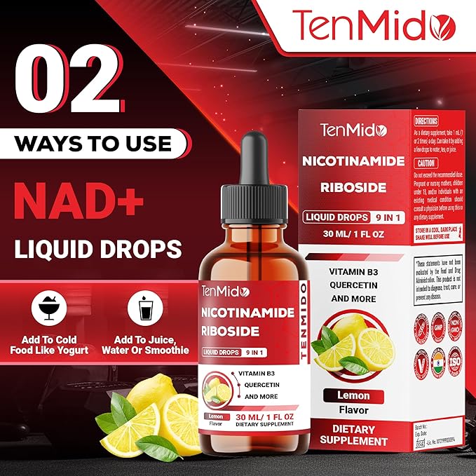 NAD+ Supplement Liquid Drops - 9in1 with Nicotinamide Riboside, Resveratrol, Quercetin, TMG Trimethylglycine, Fisetin, Co Q10, PQQ, and Black Pepper - 30ml 1 Fl Oz