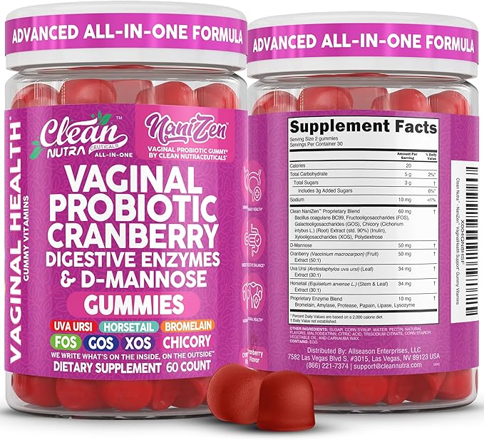 Clean Nutra Vaginal Probiotic Gummies for Women Cranberry Digestive Enzymes D Mannose Womens Probiotic Dmannose Horsetail Bromelain Chicory Fiber Feminine Care Prebiotics Inulin Papaya Enzyme Gummy