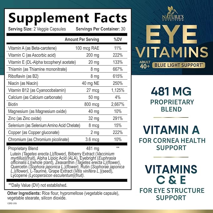 Eye Vitamins Supplements - 3x Strength Eye Health Vitamin with Lutein and Zeaxanthin - Vision Macular Health & Dry Eyes Support With Zinc, Vitamins C E & Minerals, Bottled in USA - 60 Capsules
