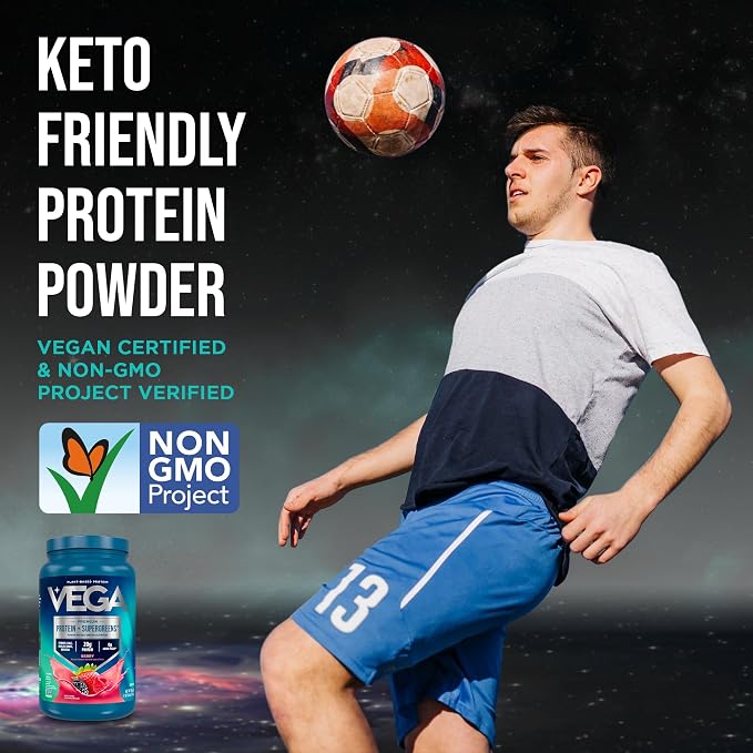 Vega Premium Protein + Supergreens, Berry – 20g Vegan Protein, Dairy & Gluten Free, 27.2 oz (26 Servings)