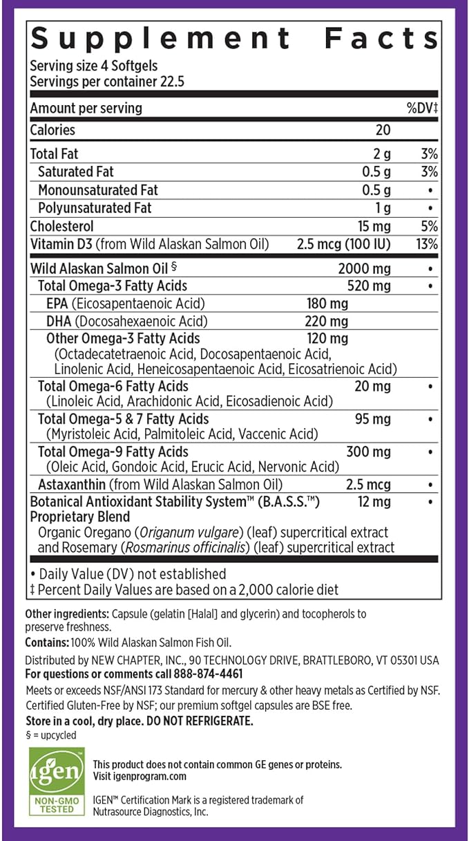 New Chapter Wholemega Fish Oil Supplement, Tiny Capsules, 2000mg per Serving, Clinically Proven Wild Alaskan Salmon Oil with Omega-3 + Vitamin D3 + Astaxanthin, 500mg Each - 90 Count