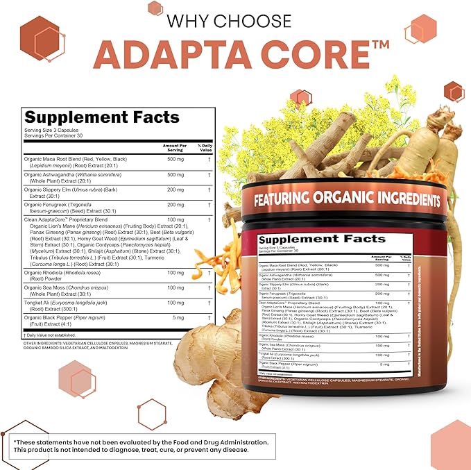 Clean Nutra Organic Maca Root Capsules for Women + Ashwagandha Slippery Elm Tongkat Ali Rhodiola Rosea Fenugreek Beet Root Sea Moss Ginseng Black Yellow Red Maca Powder Supplement 90 Pills