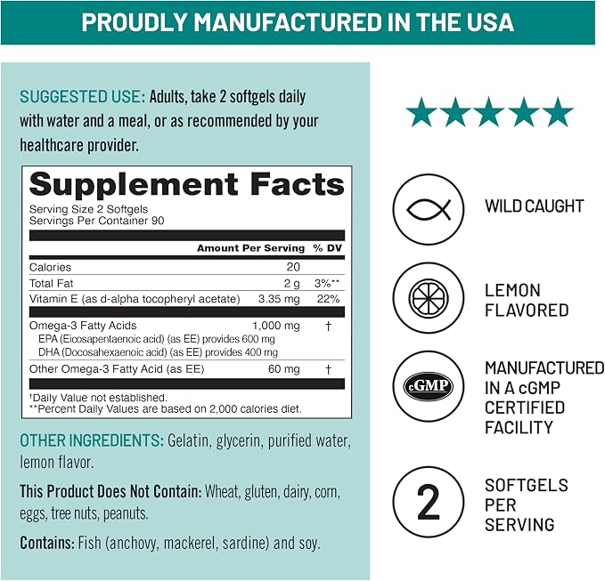 NatureWise Extra-Strength Omega 3 Fish Oil Supplement - 1000mg per Serving - 600 EPA & 400 DHA and Vitamin E - Support for Heart & Brain Health - Lemon Flavor, GMO-Free - 180 Softgels[3-Month Supply]