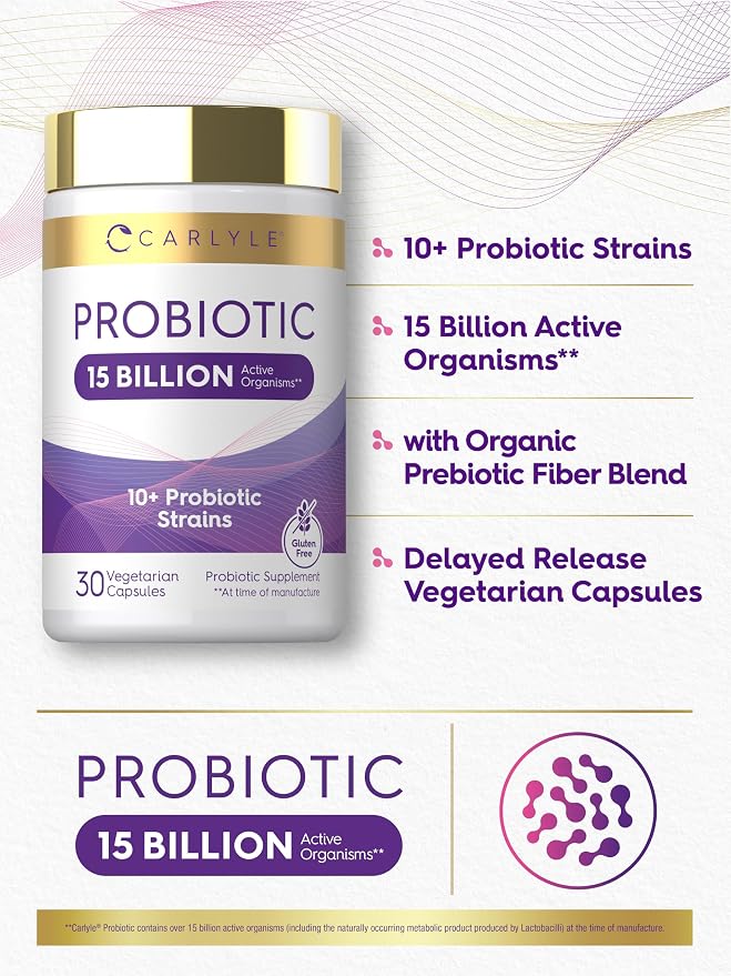 Carlyle Probiotic | 15 Billion CFU | 30 Capsules | 10 Probiotic Strains with Prebiotic Fiber | Delayed Release | Non GMO, Gluten Free
