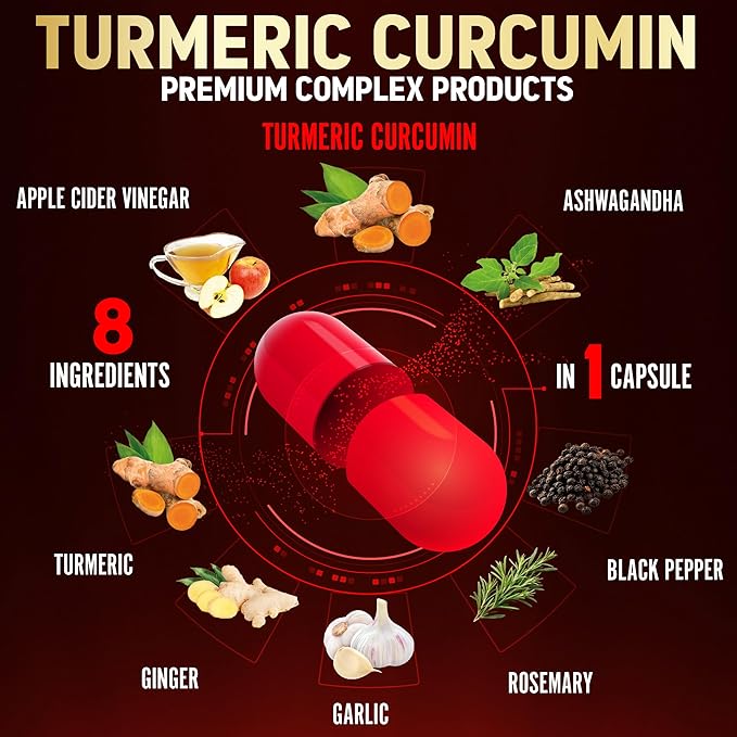 8 in 1 Turmeric Curcumin + Apple Cider Vinegar Capsules, 3 Month Supply with Ashwagandha, Ginger, Garlic Bulb, 95% Standardized Curcuminoids, Joint & Absorption Support