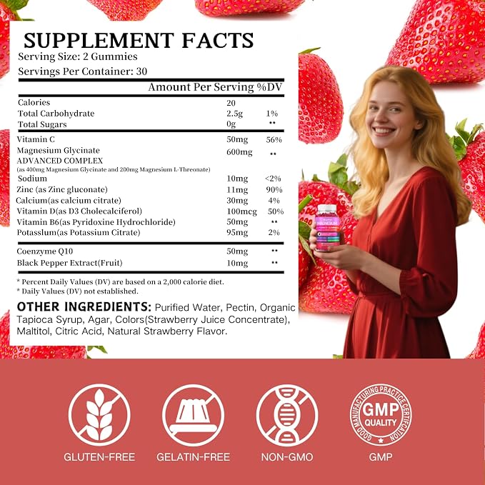 Magnesium Glycinate Gummies 600mg High Absorption - Premium Magnesium Supplement with L-Threonate, Vitamin D3, B6, Potassium for Calm Support - Sugar Free - Perfect for Adults - 120 Count