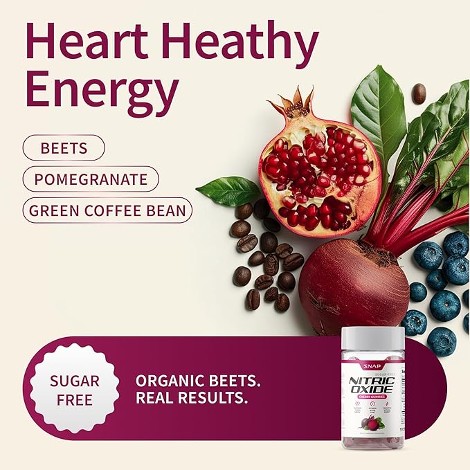 Snap Supplements Nitric Oxide Gummies - Beet Root Extract 300mg, Sugar Free Beetroot Supplement with Pomegranate Powder for Circulation & Natural Energy, 60 Vegan Gummies (3-Pack), Cherry Flavor