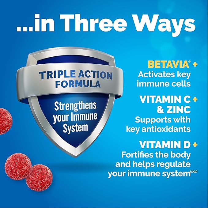 Emergen-C Immune+ Triple Action Immune Support Gummies, BetaVia (R), 1000mg Vitamin C, B Vitamins, Vitamin D and Antioxidants, Raspberry – 45 Count