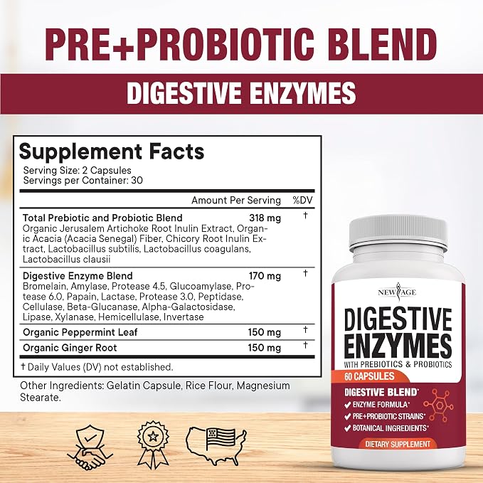 NEW AGE Digestive Enzymes for Gut Health - Probiotic Multi Enzymes with Prebiotics and Probiotics with Lipase for Women and Men for Digestive Health, Daily Enzymes for Digestion - 120 Count