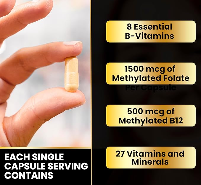 Eliixr Methylated Multivitamin 27-in-1 Formula with 1500 mcg Active Folate, Methylated B12, K2, D3, B-Complex and more Women and Mens Multivitamins, 60 Vegan Capsules, 2 month supply Made in the USA