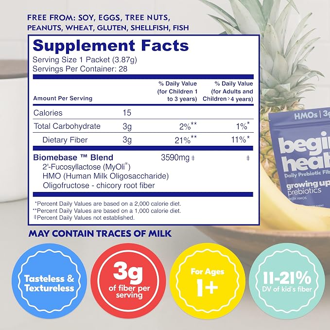 Begin Health Growing Up Prebiotics for Kids 84-Packs | Prebiotic Soluble Powder Stool Softeners and Digestive Gut Health Supplement | Ideal to Mix with Kids Daily Beverages and Soft Foods - Unflavored