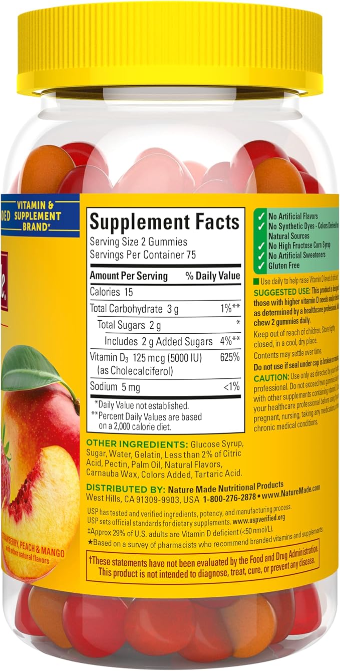 Nature Made Vitamin D3 5000 IU Per Serving Gummies Extra Strength, Bone and Immune Health Support, 150 Vitamin D Gummies for Adults, 75 Day Supply