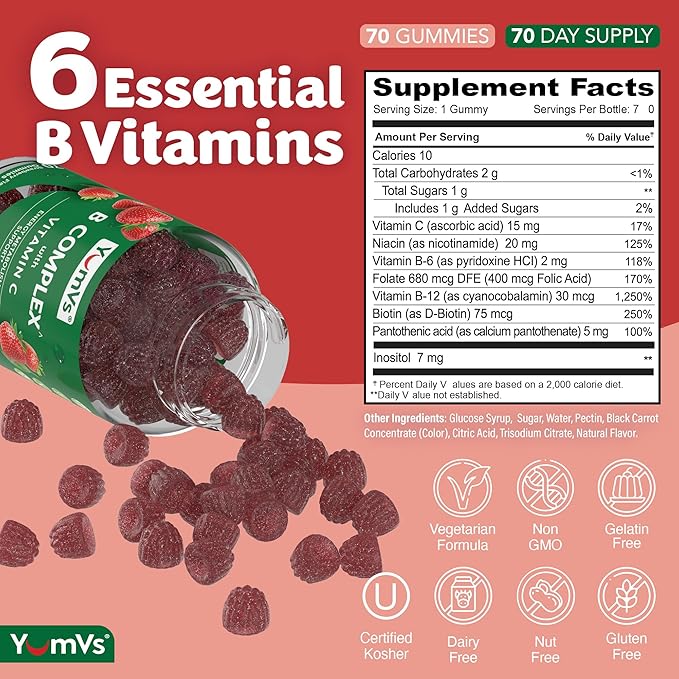 B Complex Gummies with Vitamin C – Great Tasting 1 a Day Energy & Nervous System Support for Adults – Vegan, Kosher, Non-GMO Vitamin B Complex Gummies with B12, B6, & Folic Acid – 70 Count (2 Pack)